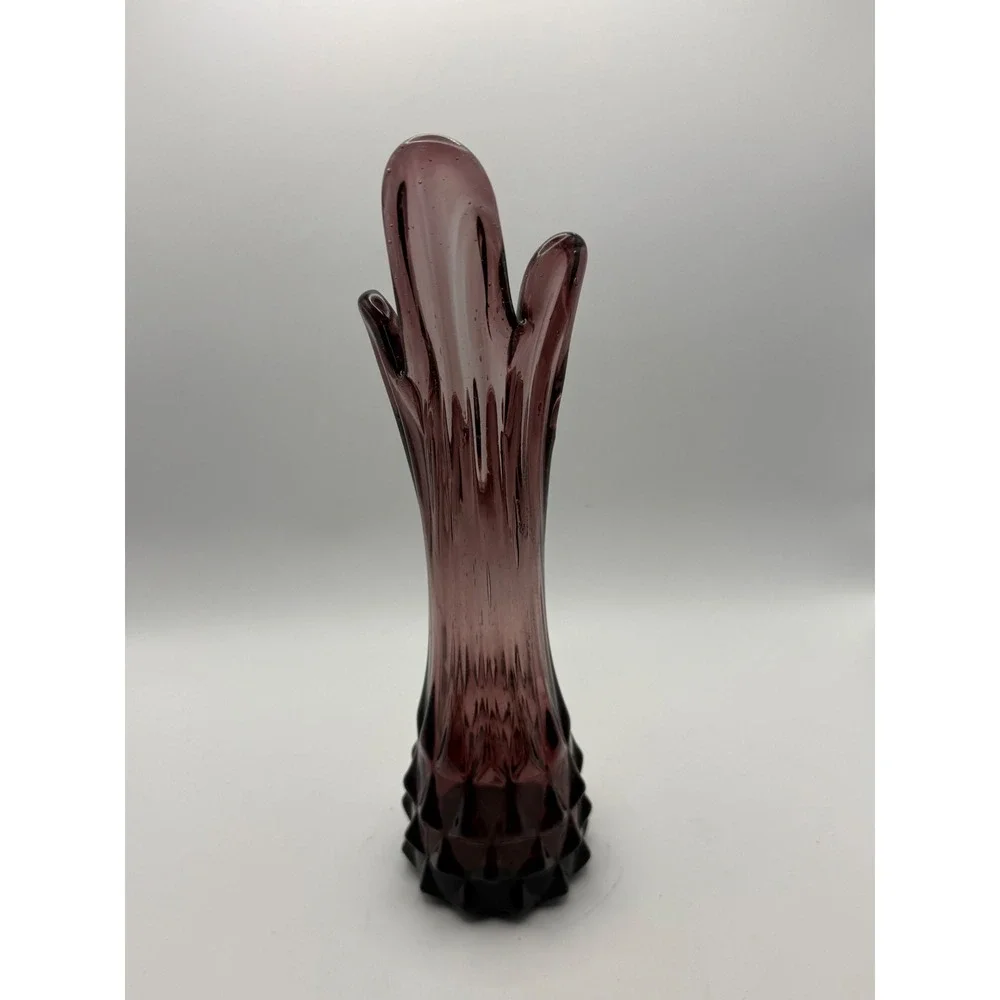 Vtg Amethyst Purple Swung Glass Five Finger Vase Mid Century Modern Diamond Base